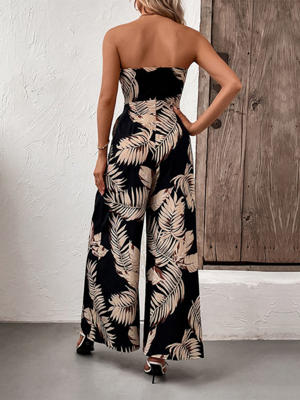 Boho Palm Leaf Botanical Strapless Wide Leg Jumpsuit