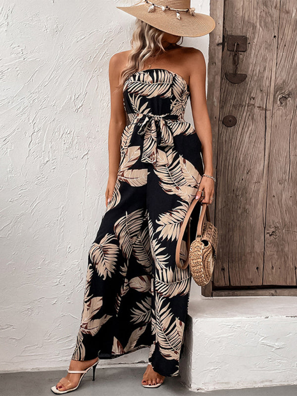 Boho Palm Leaf Botanical Strapless Wide Leg Jumpsuit