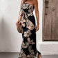 Boho Palm Leaf Botanical Strapless Wide Leg Jumpsuit