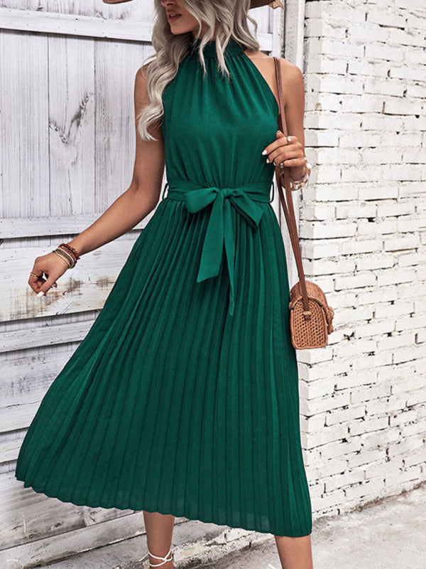Emily Pleated Green Halter Midi Dress