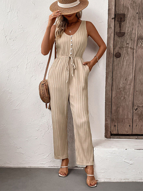 Bohemian Khaki Textured Tank Jumpsuit