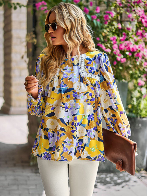 Boho Floral Lace Trim Lantern Long Sleeve Summer Blouse