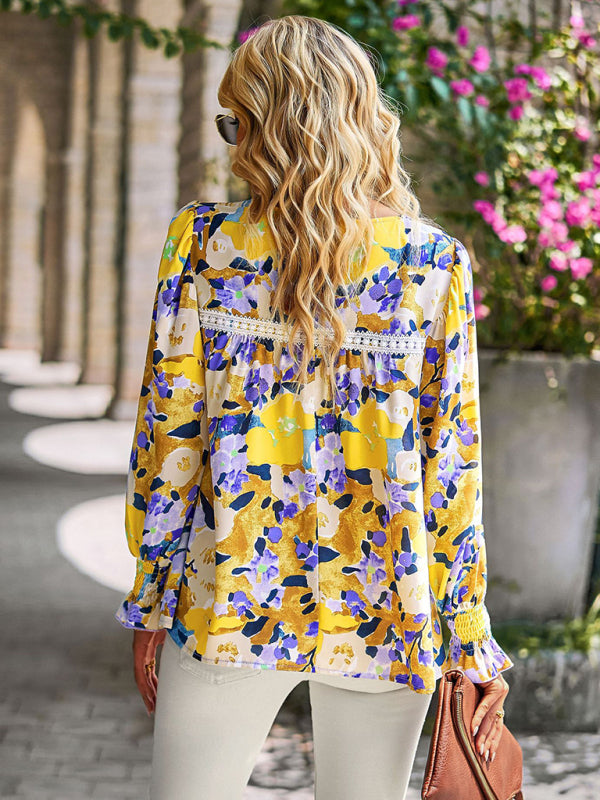 Boho Floral Lace Trim Lantern Long Sleeve Summer Blouse