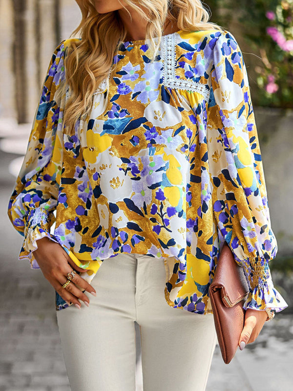 Boho Floral Lace Trim Lantern Long Sleeve Summer Blouse