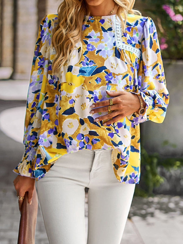 Boho Floral Lace Trim Lantern Long Sleeve Summer Blouse