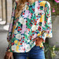 Boho Floral Lace Trim Lantern Long Sleeve Summer Blouse
