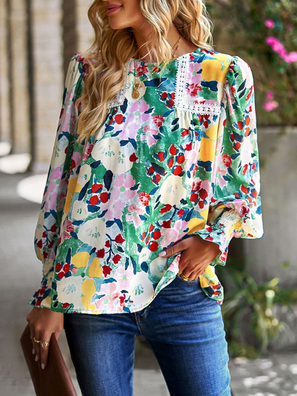 Boho Floral Lace Trim Lantern Long Sleeve Summer Blouse
