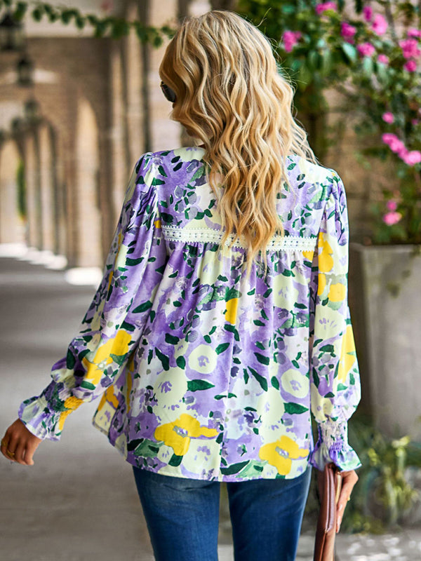 Boho Floral Lace Trim Lantern Long Sleeve Summer Blouse