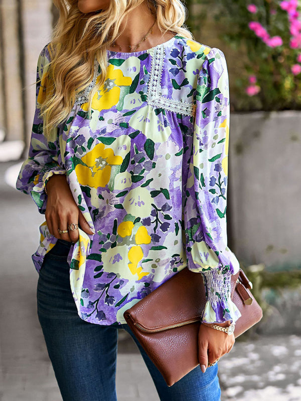 Boho Floral Lace Trim Lantern Long Sleeve Summer Blouse