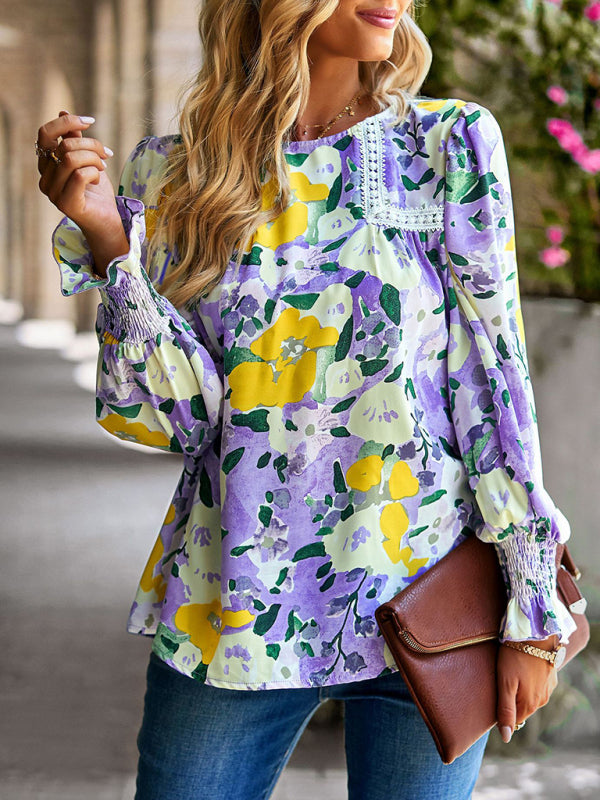 Boho Floral Lace Trim Lantern Long Sleeve Summer Blouse
