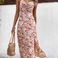 Bayberry Boho Floral Sweetheart Ruched Slit Midi Dress