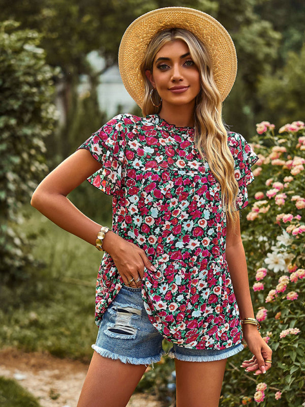 Boho Floral Frill Trim Babydoll Top