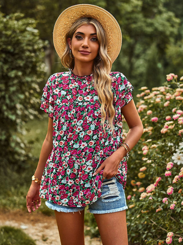 Boho Floral Frill Trim Babydoll Top