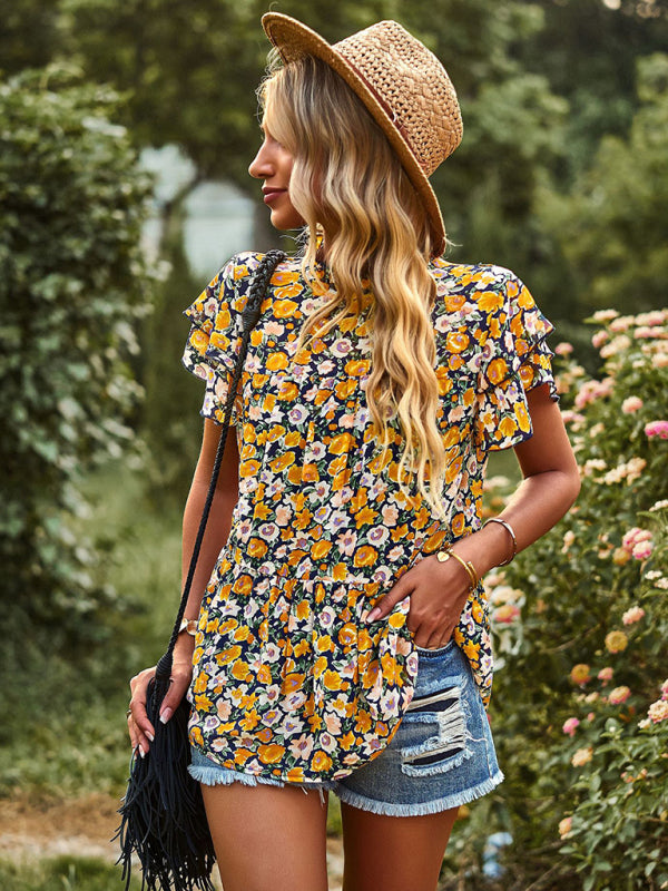 Boho Floral Frill Trim Babydoll Top