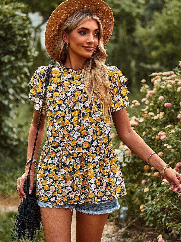 Boho Floral Frill Trim Babydoll Top