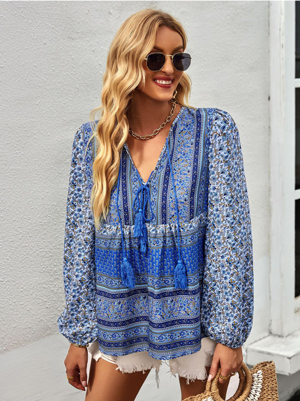 Boho Paisley Long Sleeve Babydoll Blouse