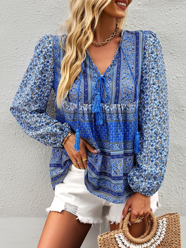 Boho Paisley Long Sleeve Babydoll Blouse