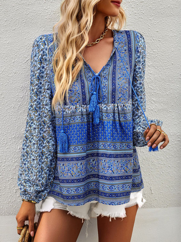 Boho Paisley Long Sleeve Babydoll Blouse