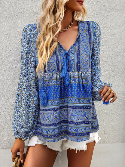 Boho Paisley Long Sleeve Babydoll Blouse