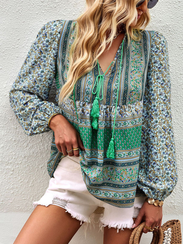 Boho Paisley Long Sleeve Babydoll Blouse