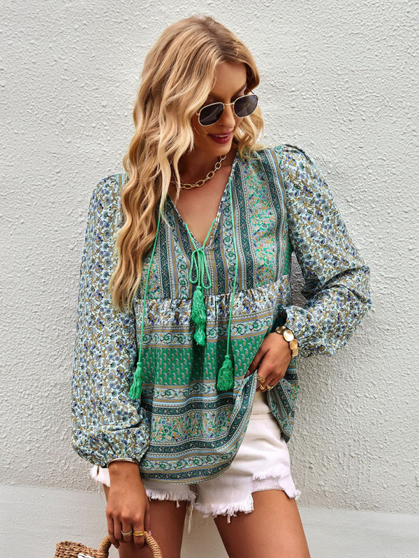 Boho Paisley Long Sleeve Babydoll Blouse