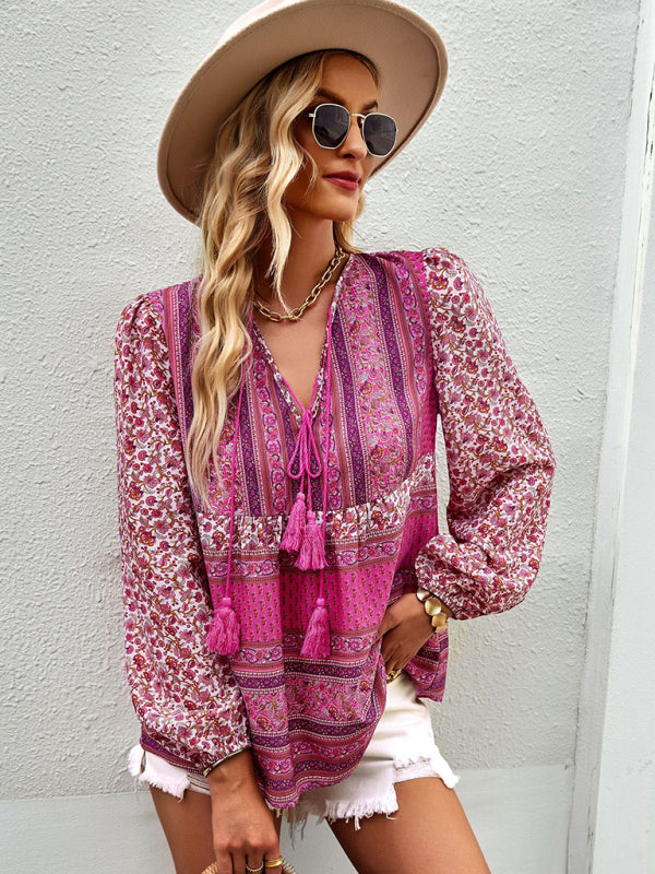 Boho Paisley Long Sleeve Babydoll Blouse