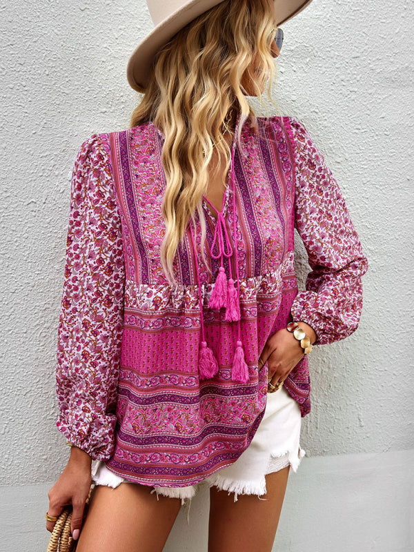 Boho Paisley Long Sleeve Babydoll Blouse