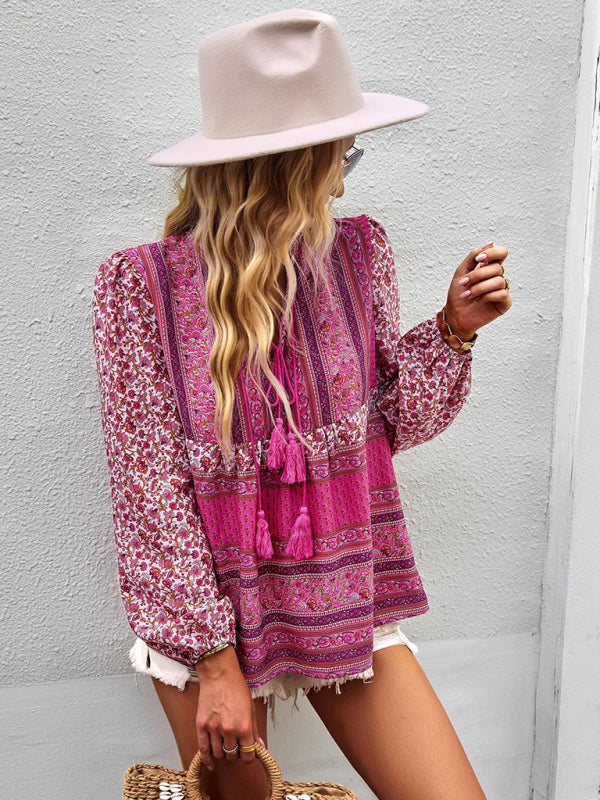 Boho Paisley Long Sleeve Babydoll Blouse