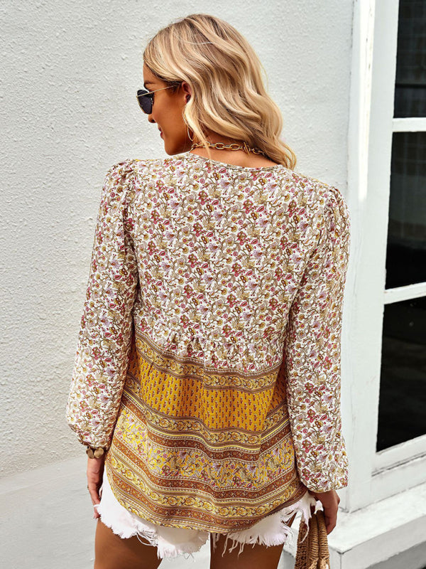 Boho Paisley Long Sleeve Babydoll Blouse