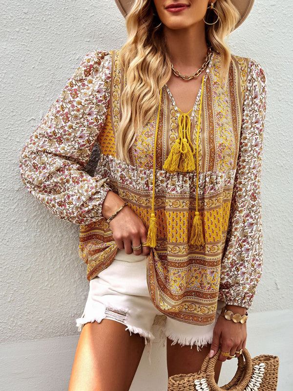 Boho Paisley Long Sleeve Babydoll Blouse