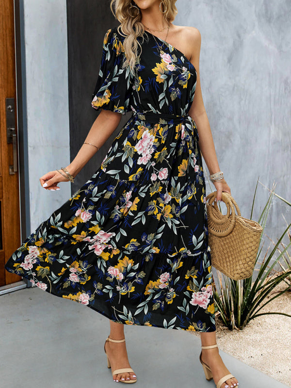 Callie Boho Botanical One Shoulder Puff Sleeve Maxi Dress