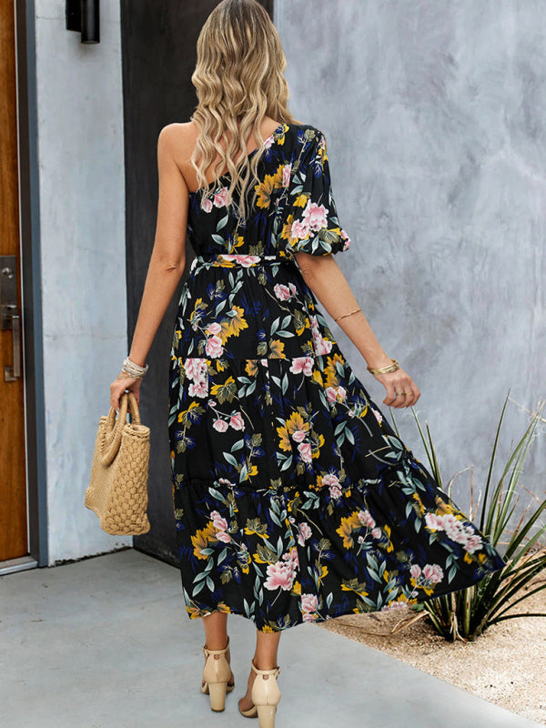 Callie Boho Botanical One Shoulder Puff Sleeve Maxi Dress