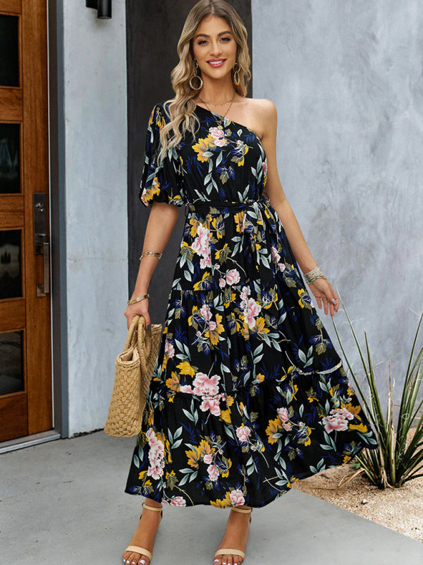 Callie Boho Botanical One Shoulder Puff Sleeve Maxi Dress