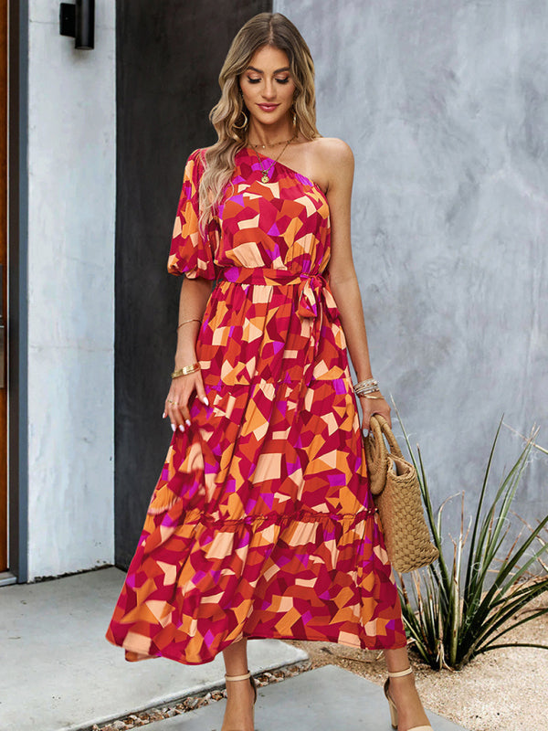 Callie Boho Botanical One Shoulder Puff Sleeve Maxi Dress