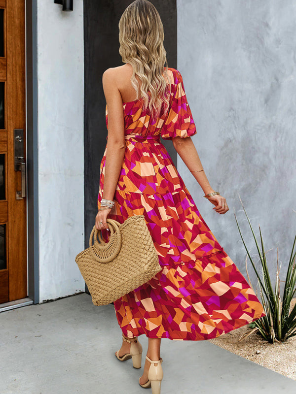 Callie Boho Botanical One Shoulder Puff Sleeve Maxi Dress
