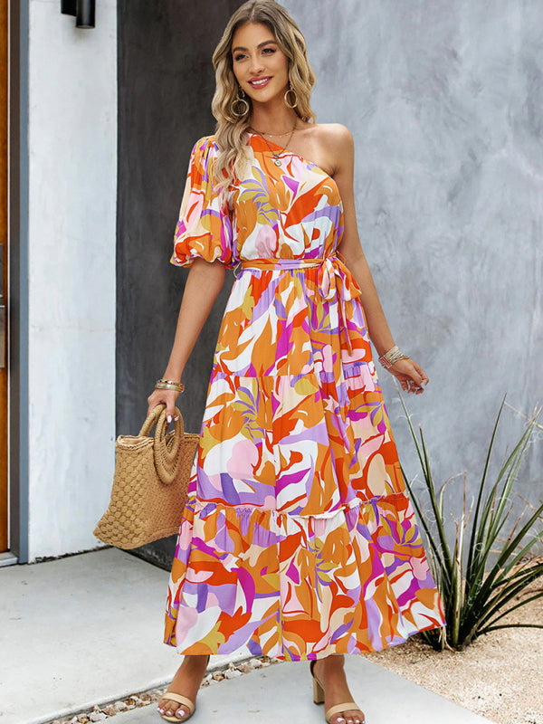 Callie Boho Botanical One Shoulder Puff Sleeve Maxi Dress