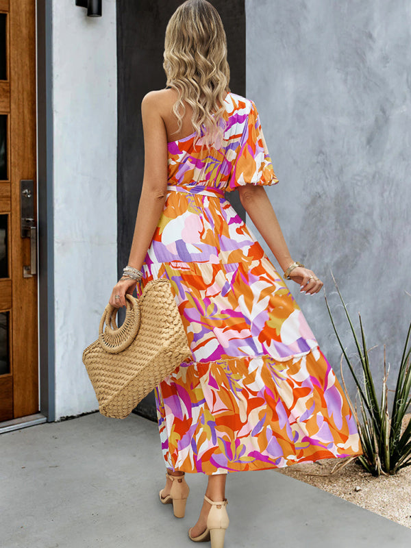 Callie Boho Botanical One Shoulder Puff Sleeve Maxi Dress