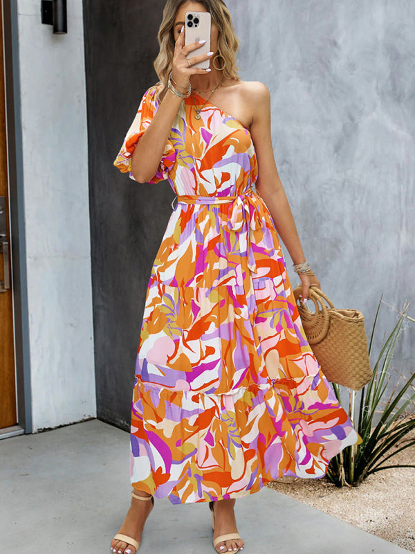 Callie Boho Botanical One Shoulder Puff Sleeve Maxi Dress