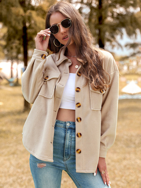 Bohemian Khaki Long Sleeve Fleece Shirt Jacket