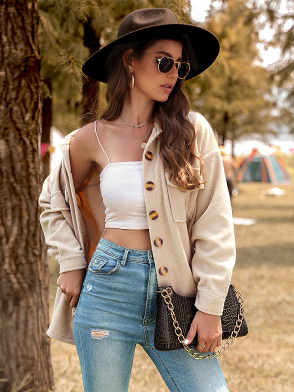 Bohemian Khaki Long Sleeve Fleece Shirt Jacket