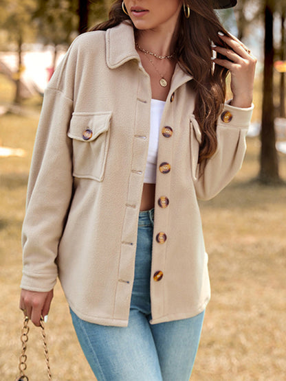 Bohemian Khaki Long Sleeve Fleece Shirt Jacket