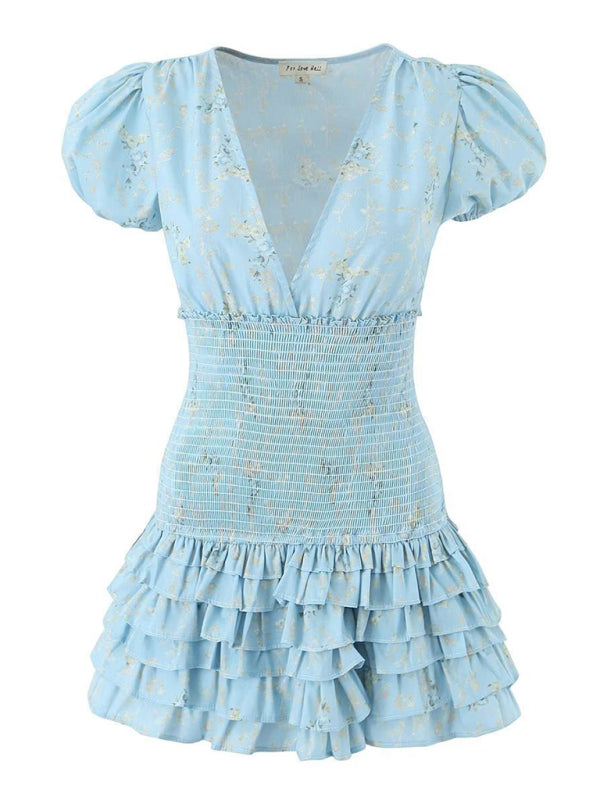 Love Sweet Bohemian V-neck Smocked Waist Puff Sleeve Mini Dress