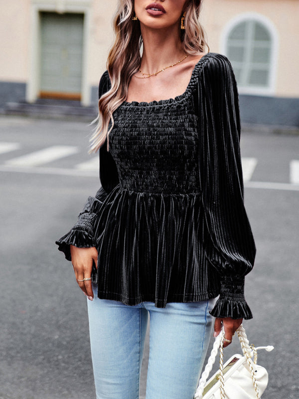 Bohemian Square Neck Smocked Long Sleeve Velvet Babydoll Top