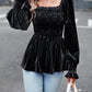 Bohemian Square Neck Smocked Long Sleeve Velvet Babydoll Top
