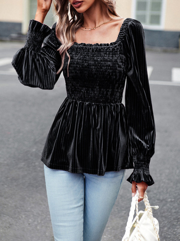 Bohemian Square Neck Smocked Long Sleeve Velvet Babydoll Top