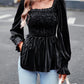 Bohemian Square Neck Smocked Long Sleeve Velvet Babydoll Top