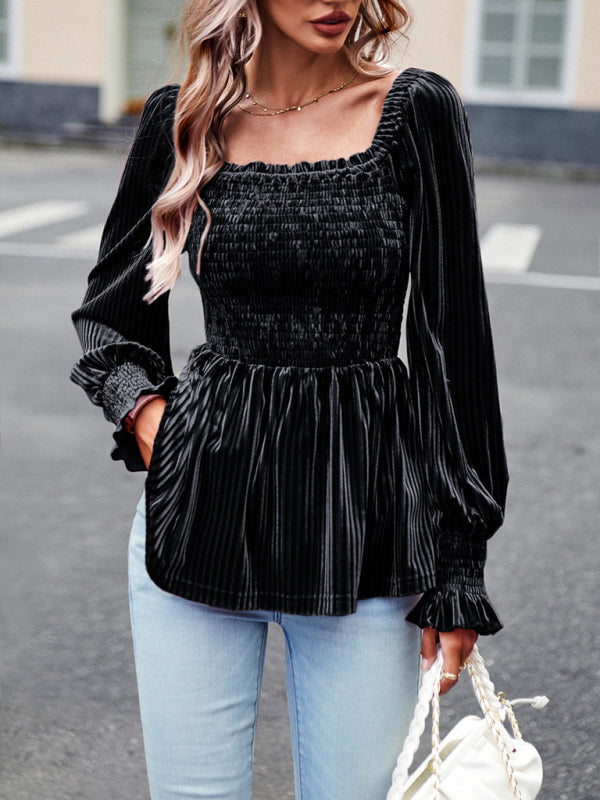 Bohemian Square Neck Smocked Long Sleeve Velvet Babydoll Top