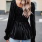 Bohemian Square Neck Smocked Long Sleeve Velvet Babydoll Top