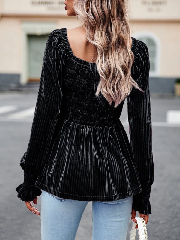 Bohemian Square Neck Smocked Long Sleeve Velvet Babydoll Top