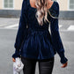 Bohemian Square Neck Smocked Long Sleeve Velvet Babydoll Top